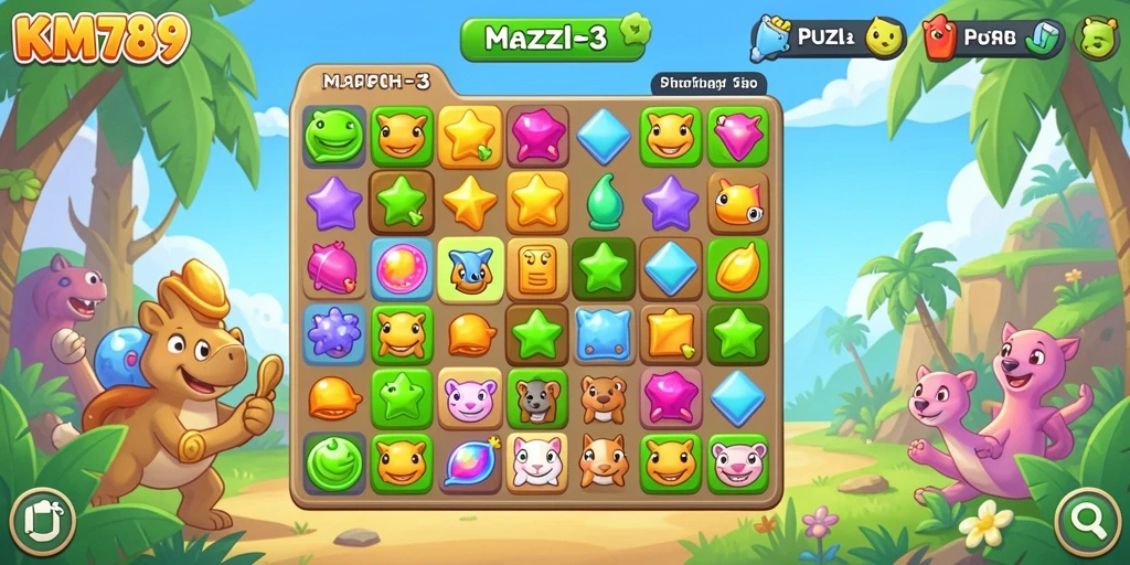 Antarmuka permainan KM789 yang menampilkan level Puzzle Match-3 menarik.